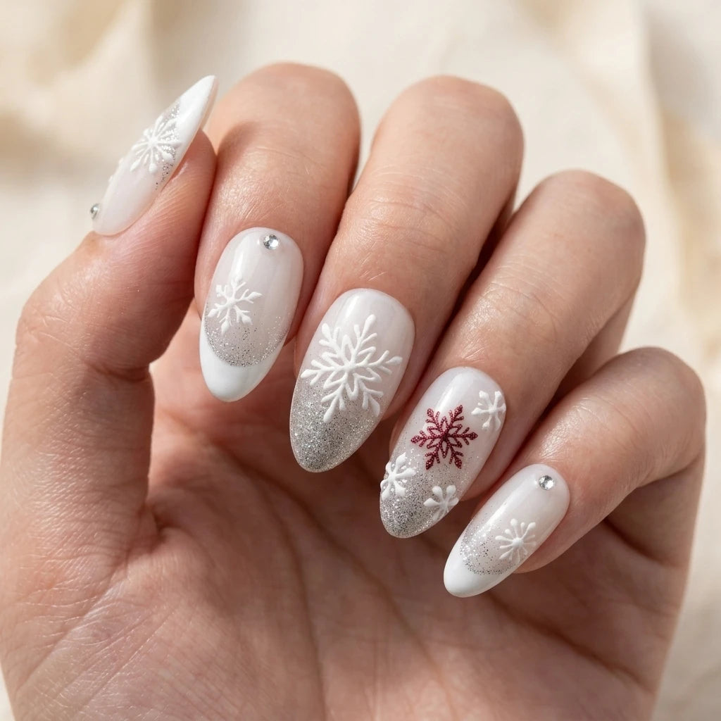 milky white 3d french tip almond press on nails winter snowflake glitter lifestyle 02