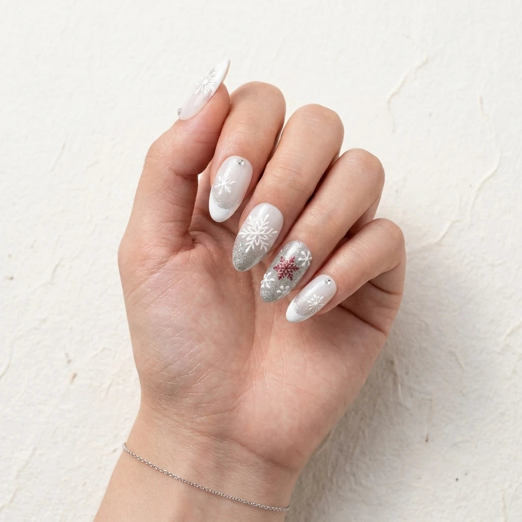 milky white 3d french tip almond press on nails winter snowflake glitter mockup 01