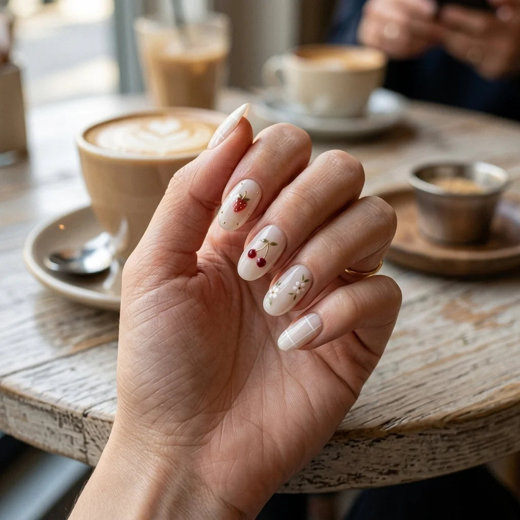 milky white 3d hand painted oval short press on nails cherry strawberry detail 03