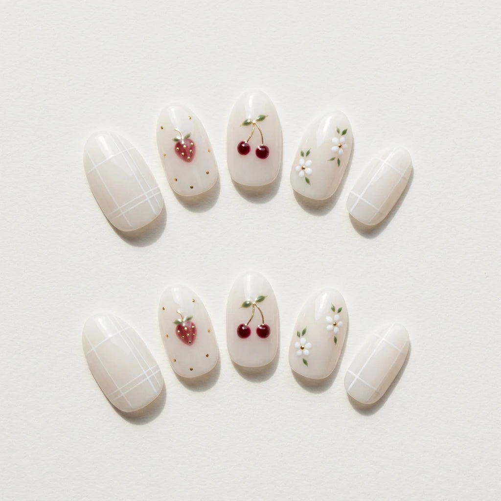milky white 3d hand painted oval short press on nails cherry strawberry lifestyle 02