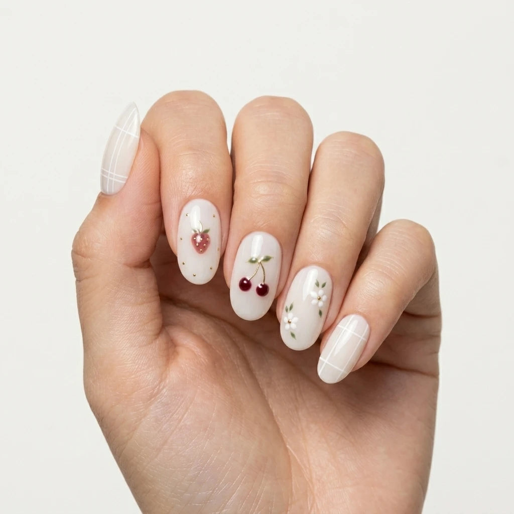 milky white 3d hand painted oval short press on nails cherry strawberry mockup 01