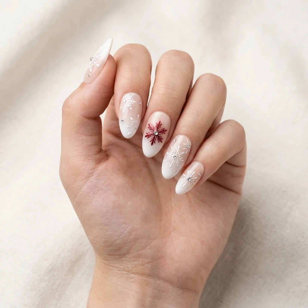 milky white blush nude 3d ombre almond press on nails winter snowflake rhinestone detail 03