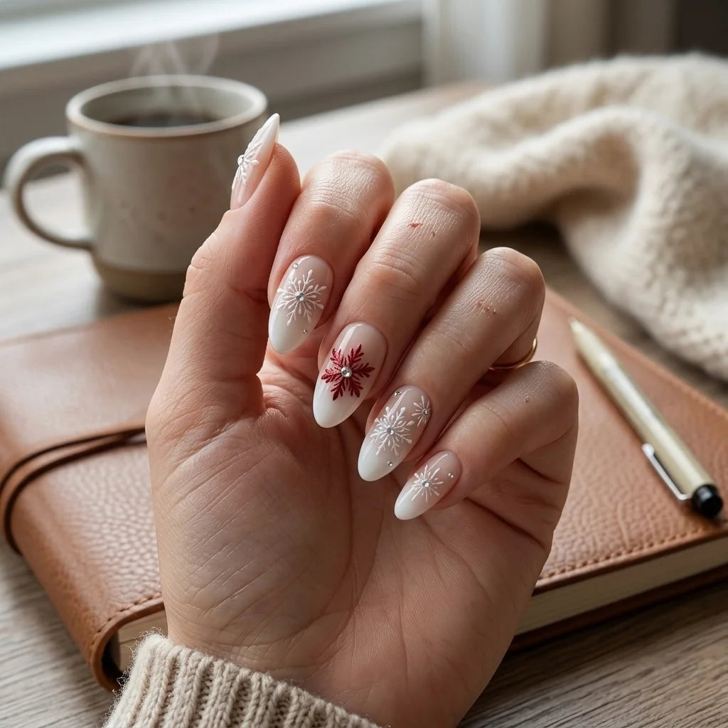 milky white blush nude 3d ombre almond press on nails winter snowflake rhinestone lifestyle 02