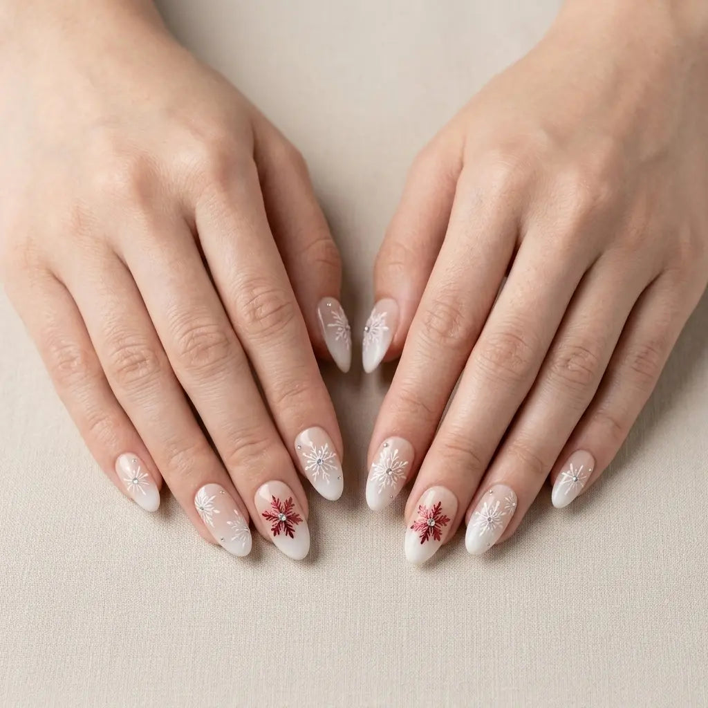 milky white blush nude 3d ombre almond press on nails winter snowflake rhinestone lifestyle 03
