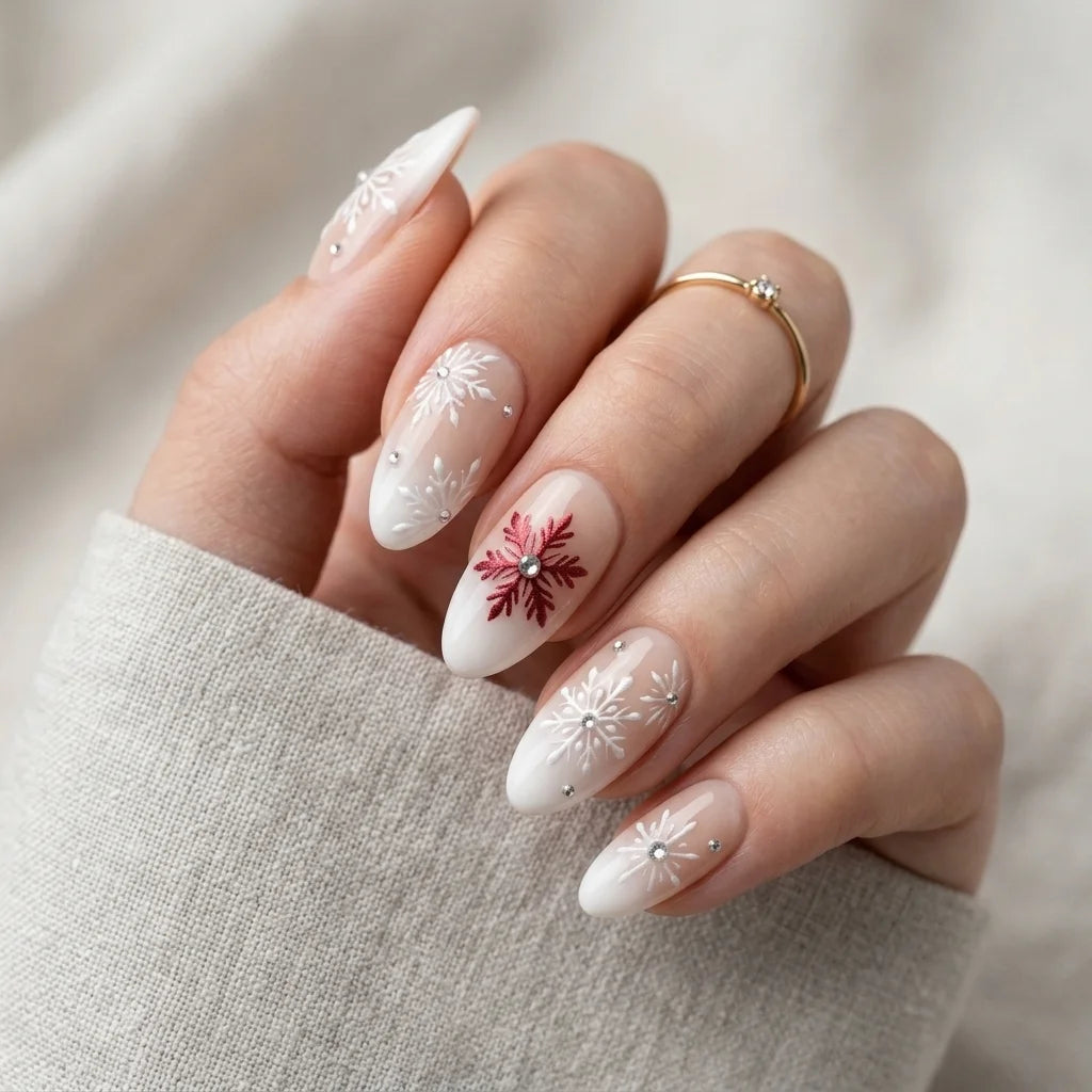 milky white blush nude 3d ombre almond press on nails winter snowflake rhinestone mockup 01