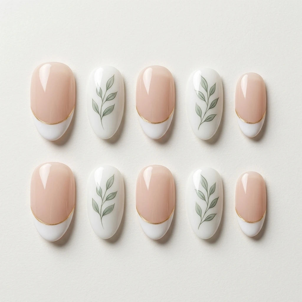 milky white hand painted almond press on nails green leaf vine detail 03