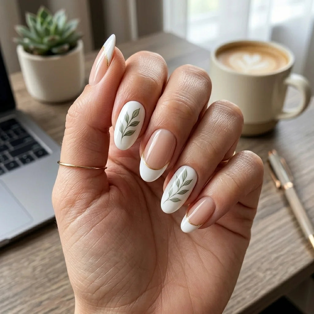 milky white hand painted almond press on nails green leaf vine lifestyle 02