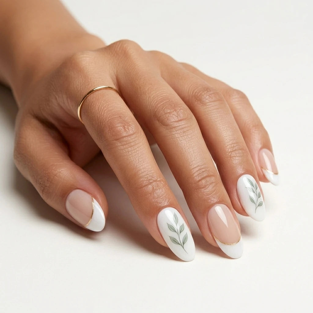 milky white hand painted almond press on nails green leaf vine mockup 01