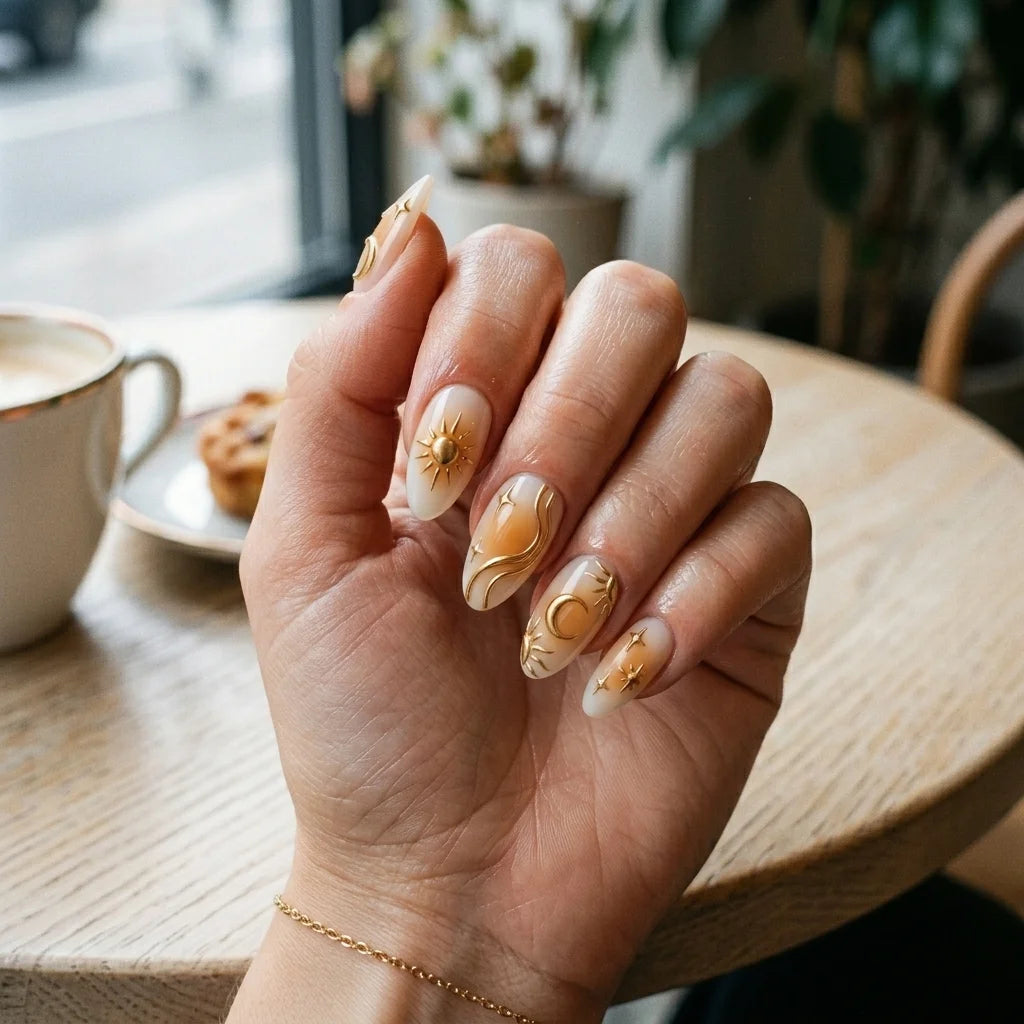 milky white orange 3d almond press on nails gold sun moon star swirl flat lay 04
