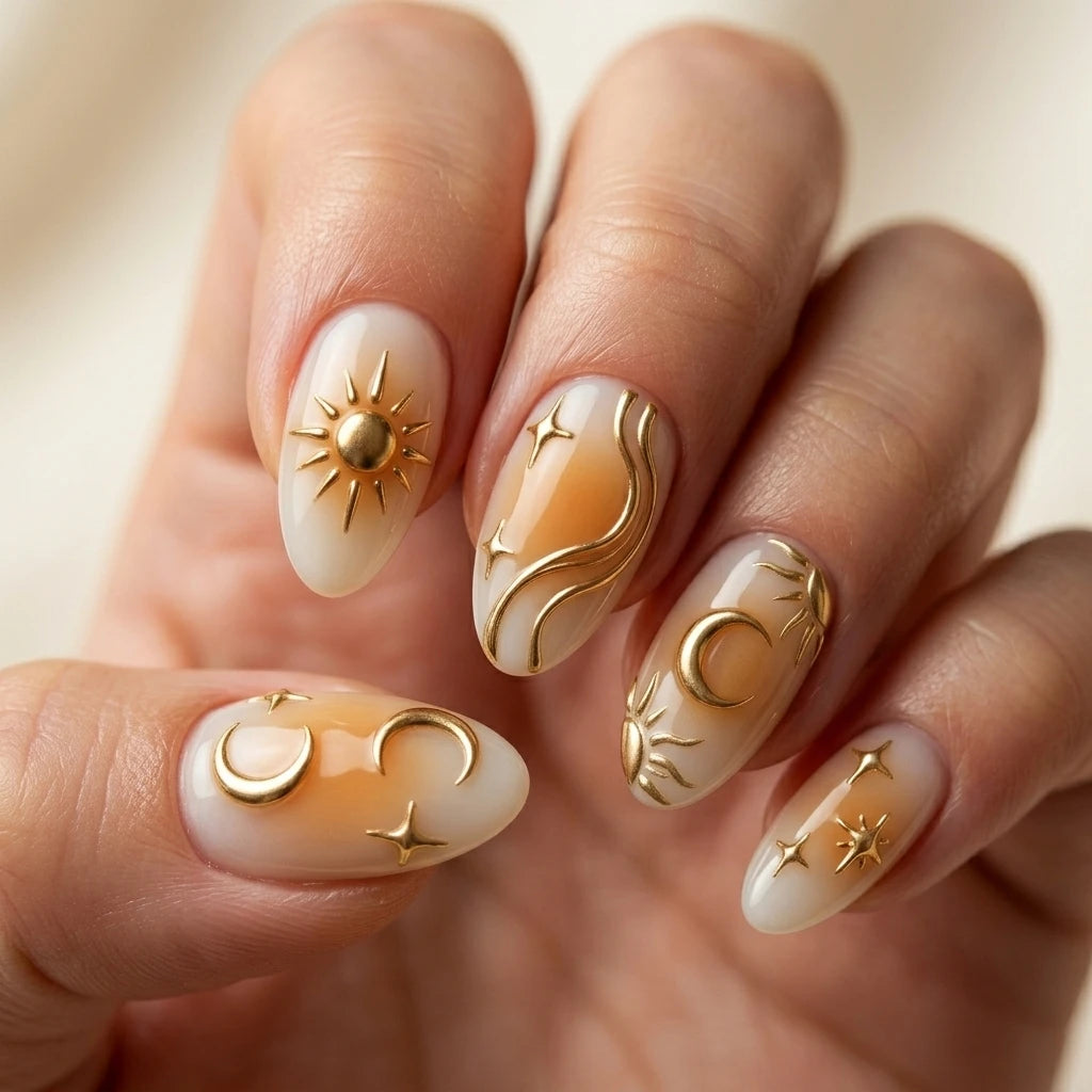 milky white orange 3d almond press on nails gold sun moon star swirl lifestyle 02