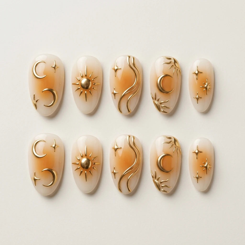 milky white orange 3d almond press on nails gold sun moon star swirl lifestyle 03