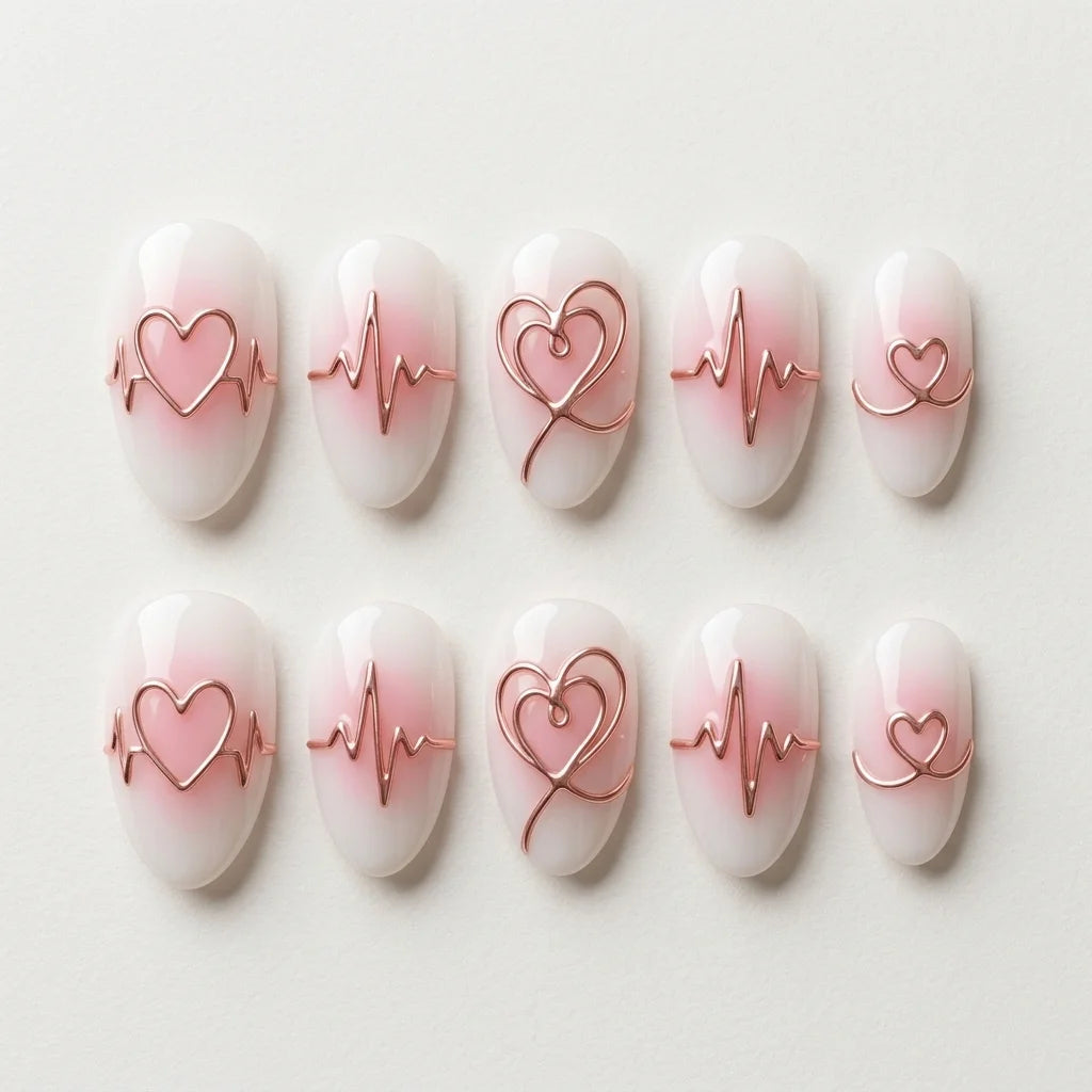 milky white pastel pink 3d aura almond press on nails heartbeat heart flat lay 04