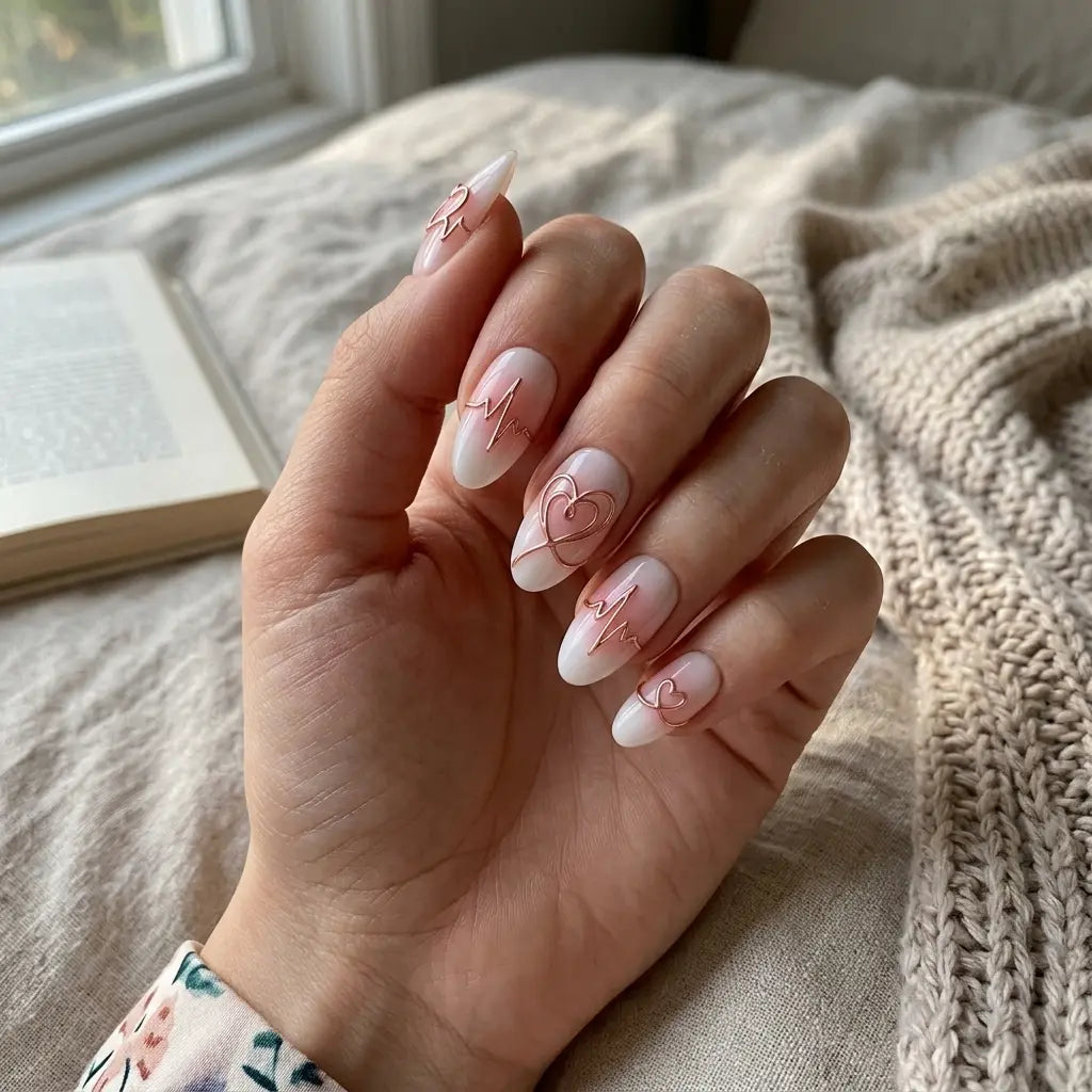 milky white pastel pink 3d aura almond press on nails heartbeat heart lifestyle 02