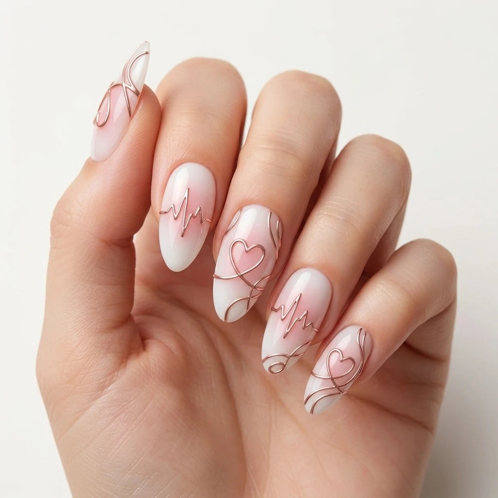 milky white pastel pink 3d aura almond press on nails stethoscope heart detail 03