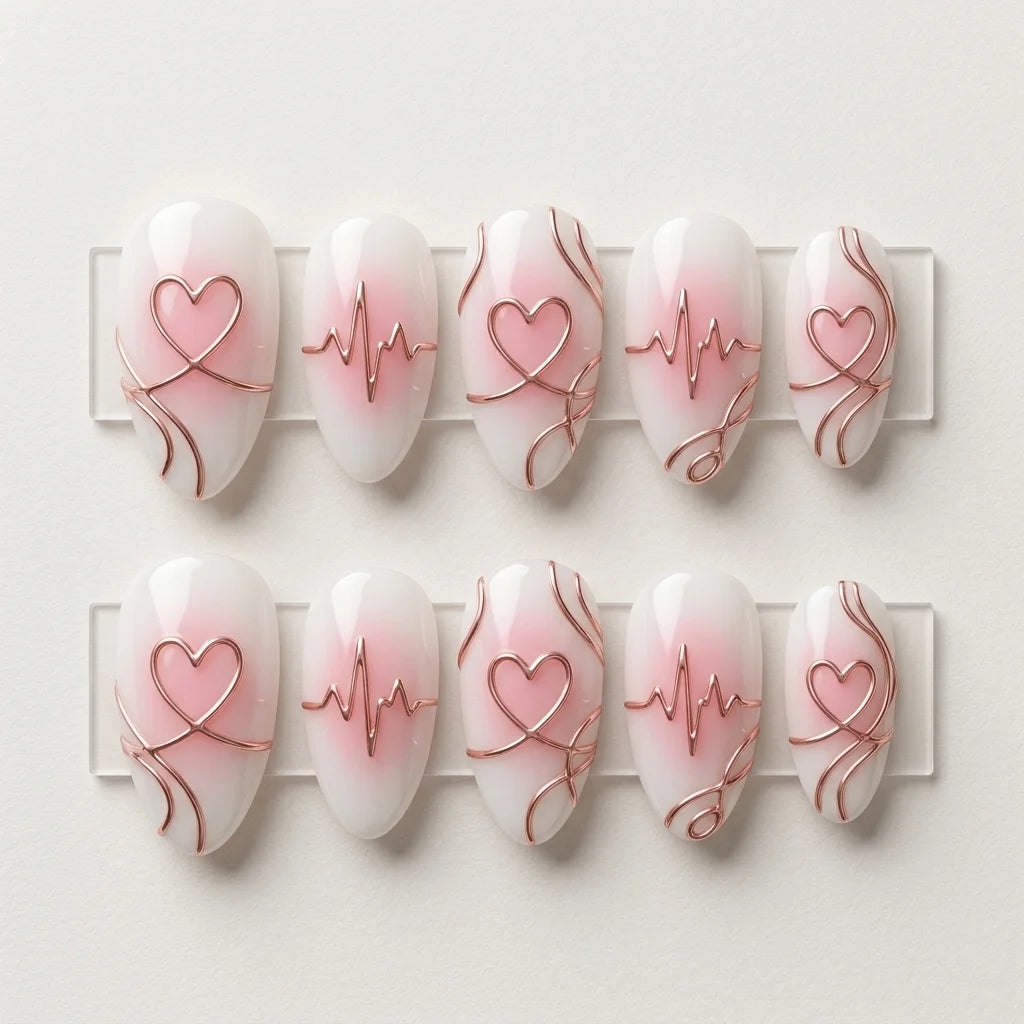 milky white pastel pink 3d aura almond press on nails stethoscope heart flat lay 04