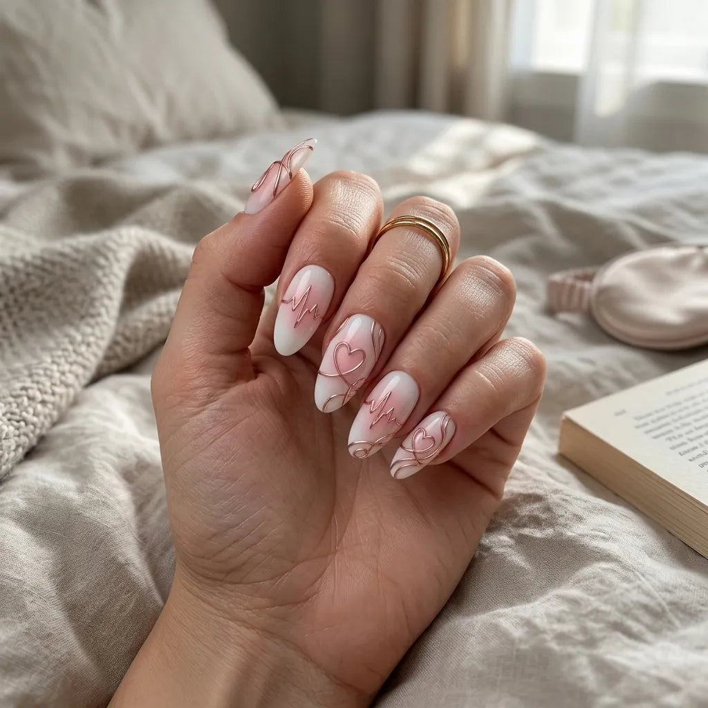 milky white pastel pink 3d aura almond press on nails stethoscope heart lifestyle 02