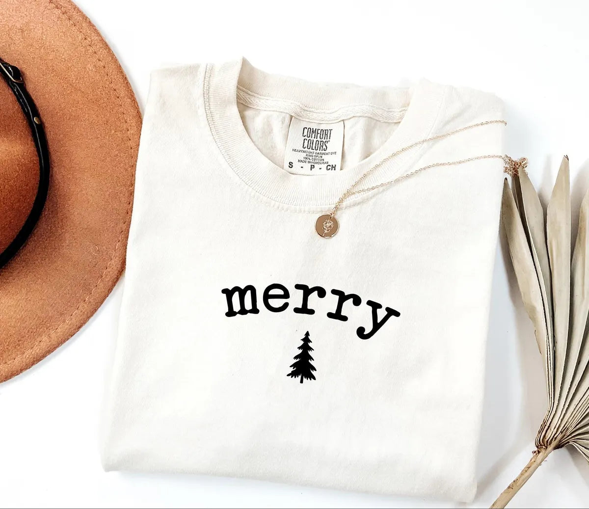 Minimal Merry Christmas Tree graphic Comfort Colors T-shirt, additional product photograph.