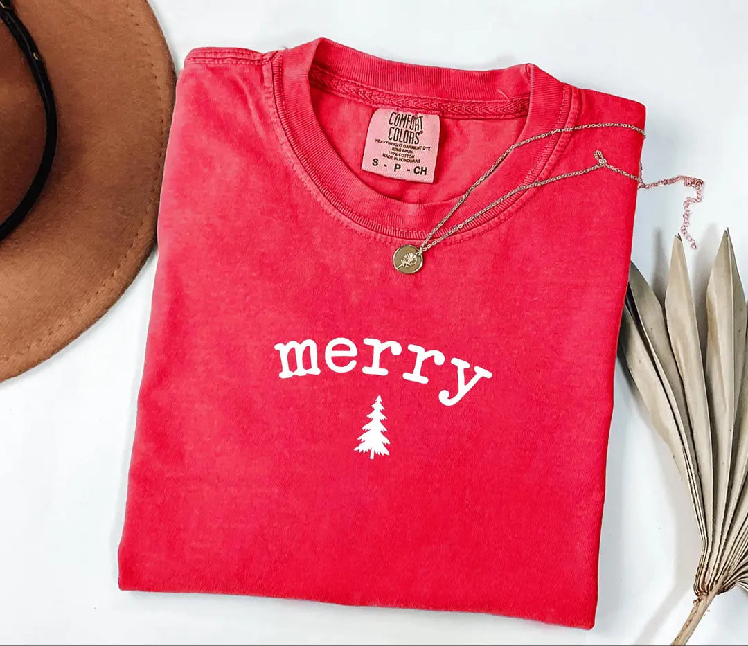 Minimal Merry Christmas Tree graphic Comfort Colors T-shirt, additional product photograph.