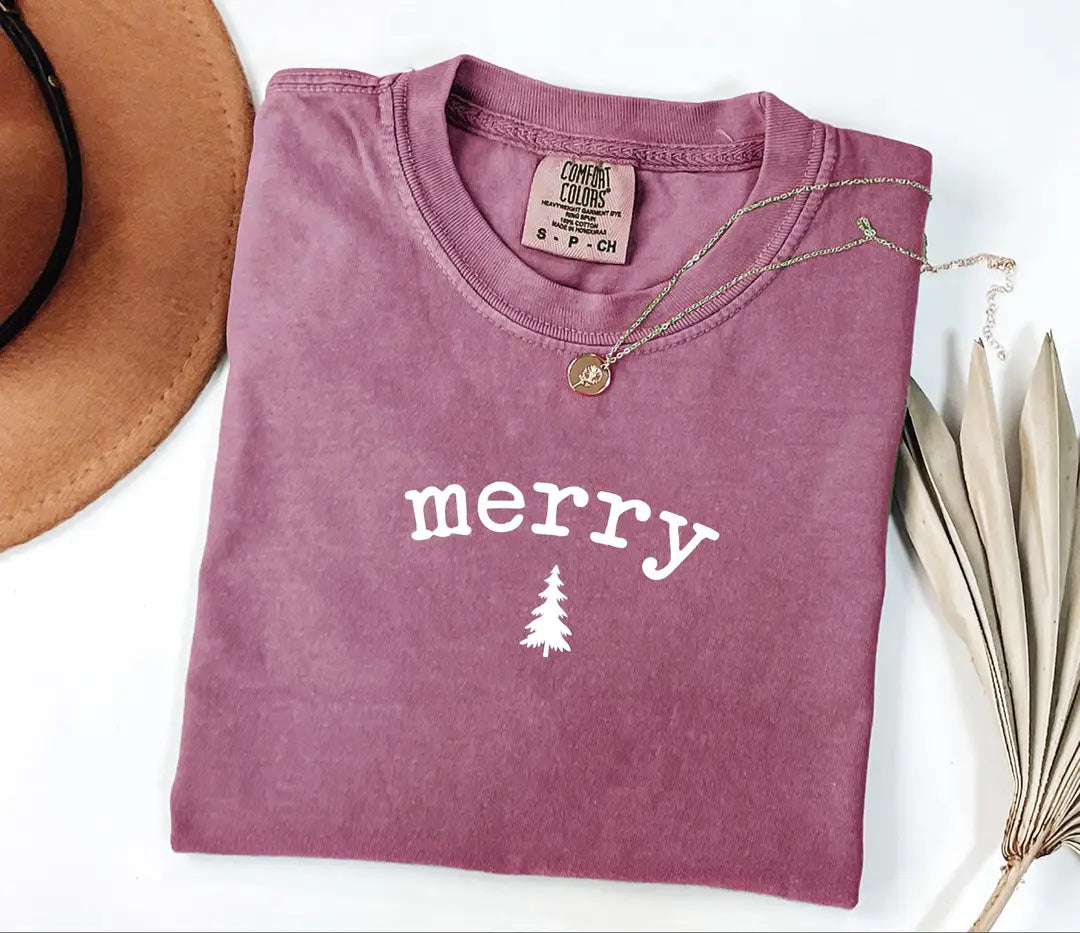 Minimal Merry Christmas Tree graphic Comfort Colors T-shirt, additional product photograph.