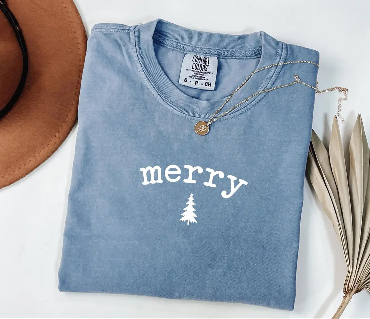 Minimal Merry Christmas Tree graphic Comfort Colors T-shirt, additional product photograph.