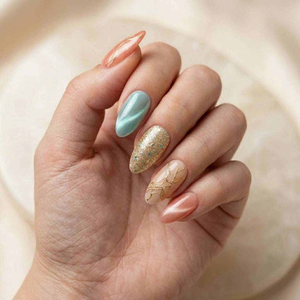 mint gold peach 3d cat eye almond press on nails botanical vine swirl glitter detail 04