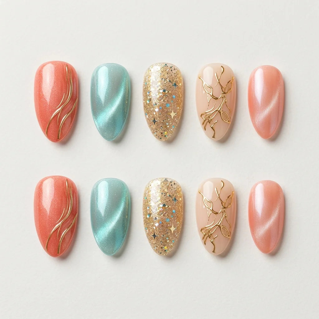 mint gold peach 3d cat eye almond press on nails botanical vine swirl glitter detail 05