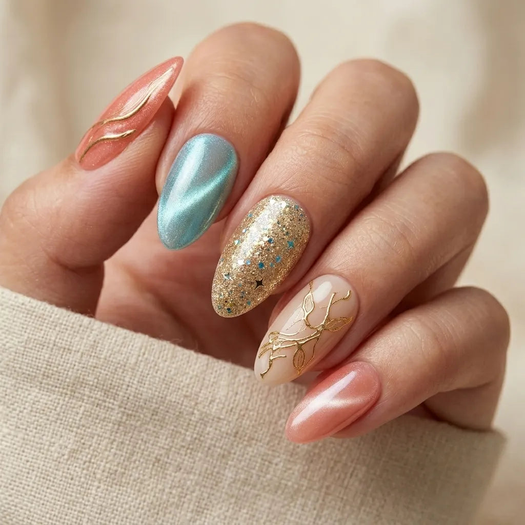 mint gold peach 3d cat eye almond press on nails botanical vine swirl glitter lifestyle 03