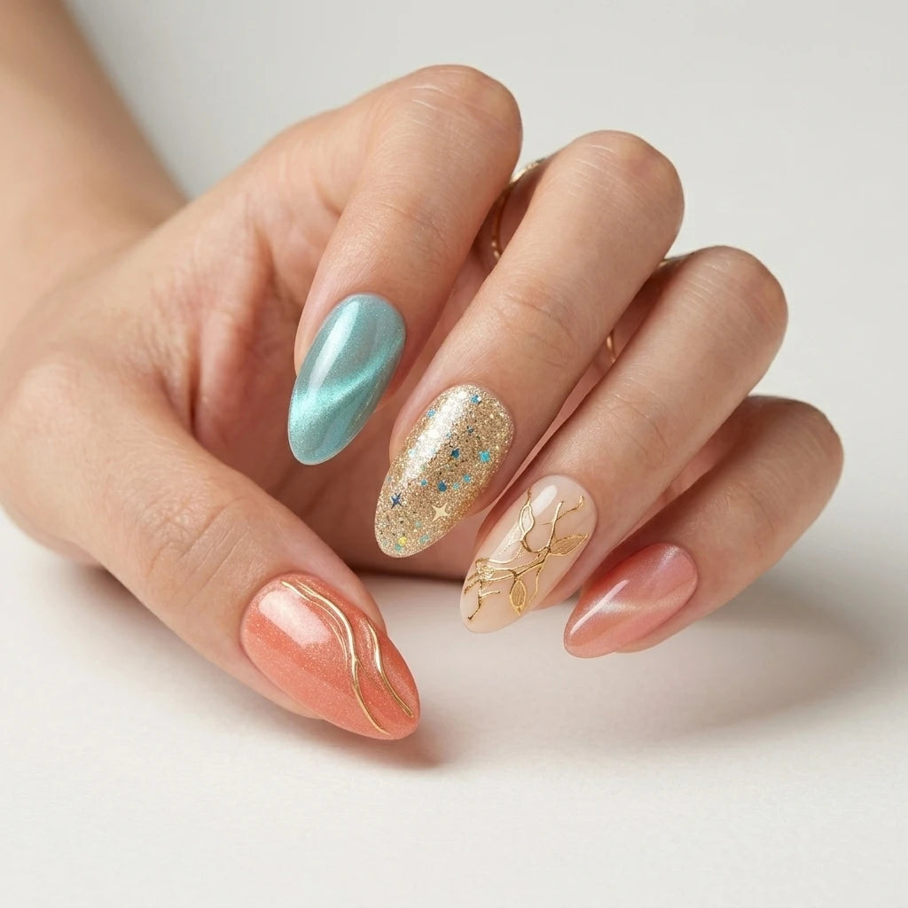mint gold peach 3d cat eye almond press on nails botanical vine swirl glitter mockup 01