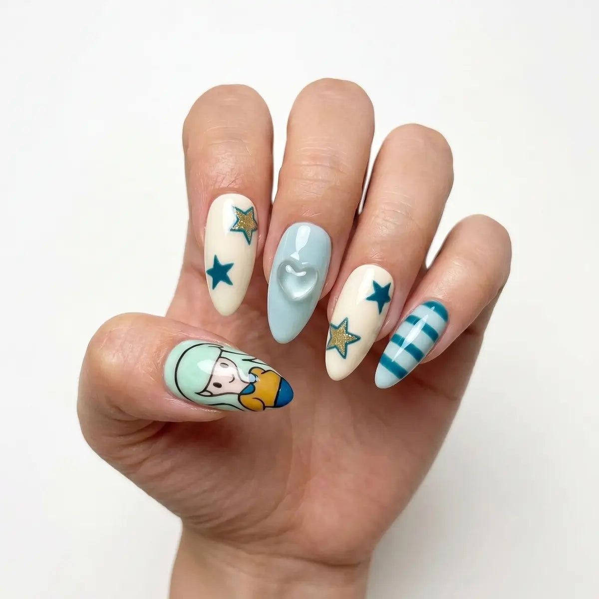 mint ivory blue 3d hand painted almond press on nails girl star heart lifestyle 02