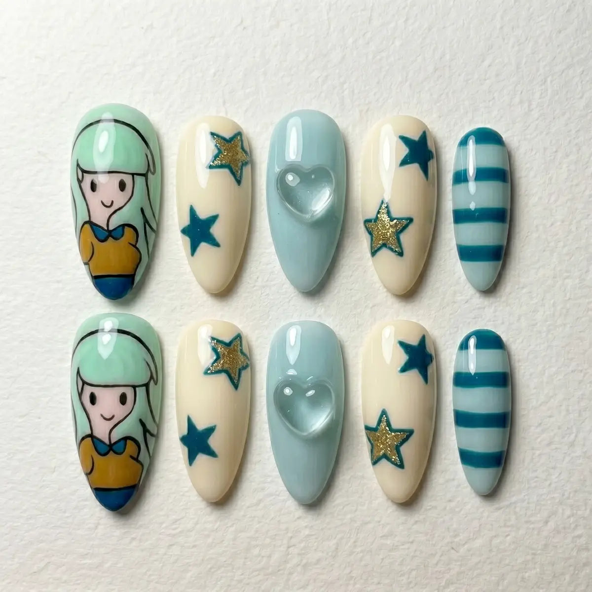 mint ivory blue 3d hand painted almond press on nails girl star heart mockup 01