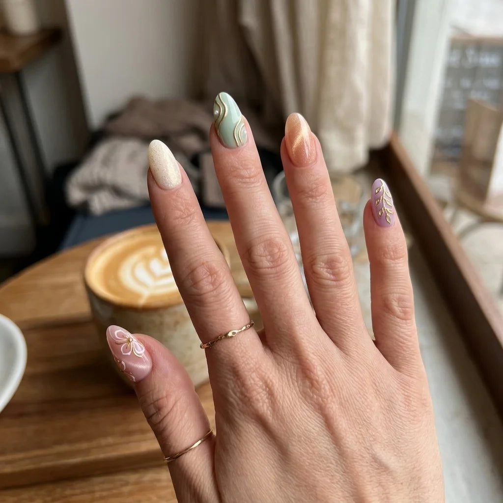 mint lavender peach 3d cat eye almond press on nails botanical leaf swirl detail 01