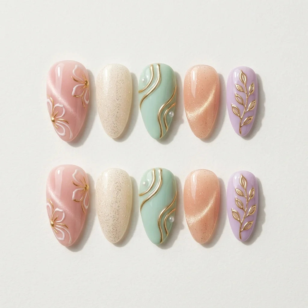 mint lavender peach 3d cat eye almond press on nails botanical leaf swirl flat lay 01