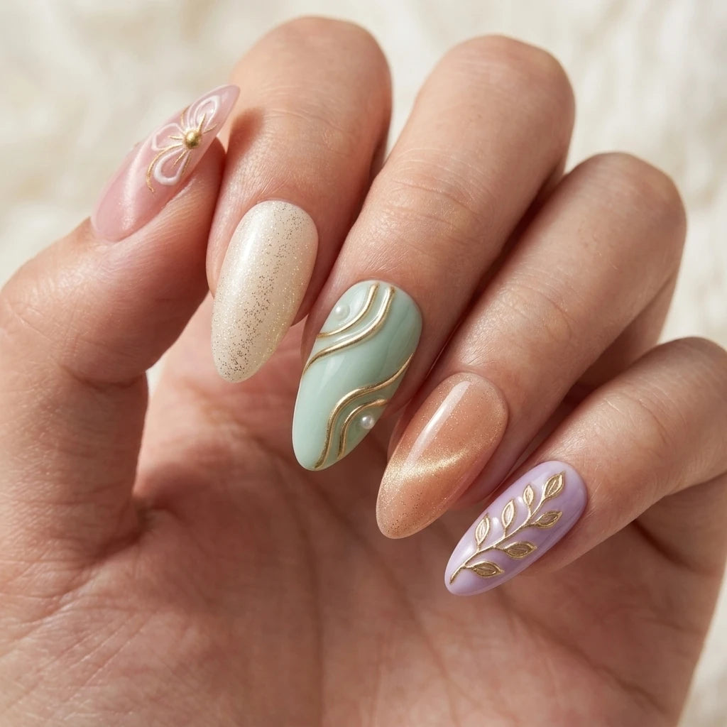 mint lavender peach 3d cat eye almond press on nails botanical leaf swirl lifestyle 01