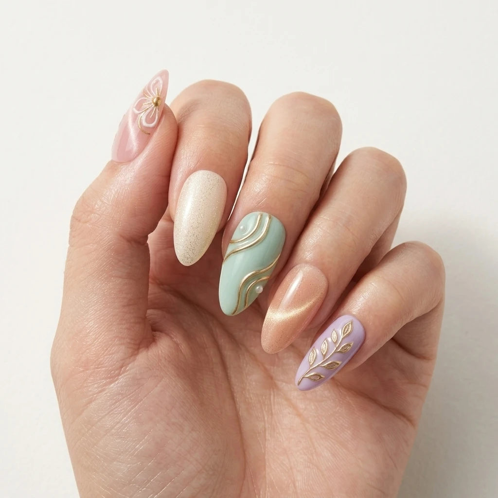 mint lavender peach 3d cat eye almond press on nails botanical leaf swirl mockup 01