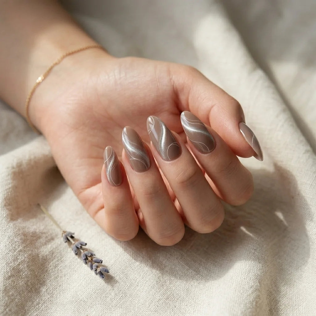 mocha tan cat eye almond long press on nails silver swirl flat lay 01