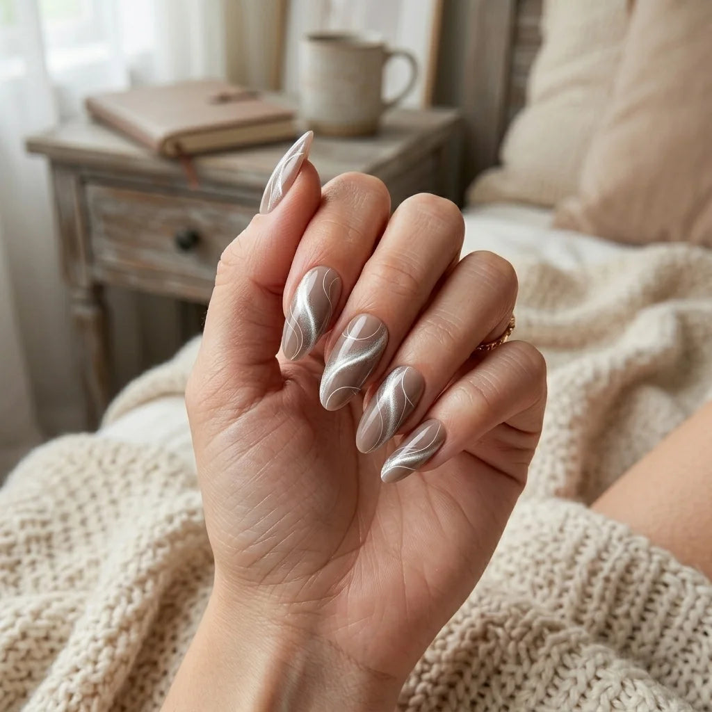 mocha tan cat eye almond long press on nails silver swirl flat lay 03