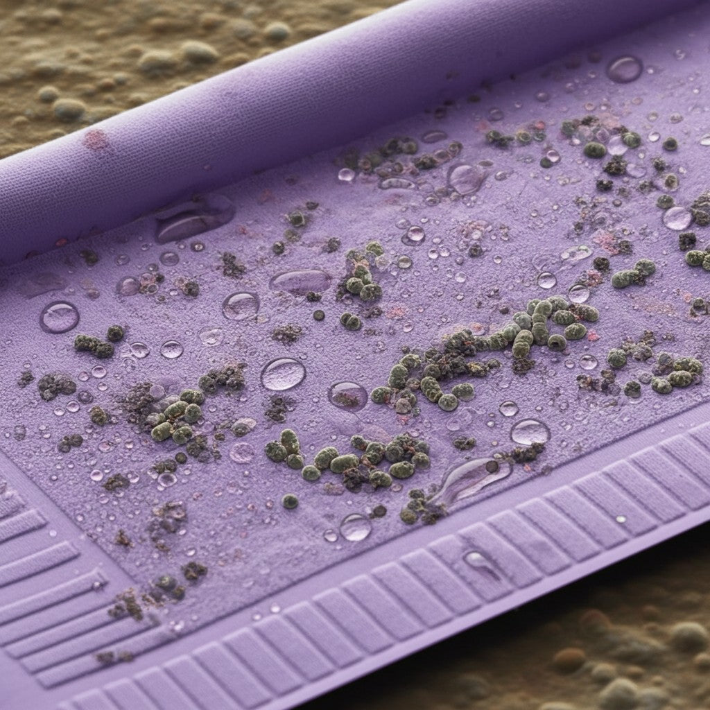 Purple mat with water droplets and green mold colonies on a textured surface.