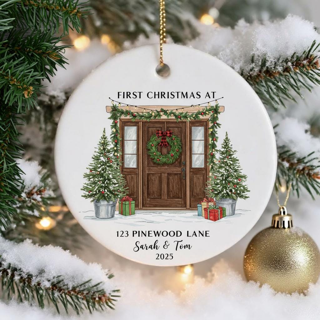Personalized Christmas ornament with a house door and trees on a snowy background