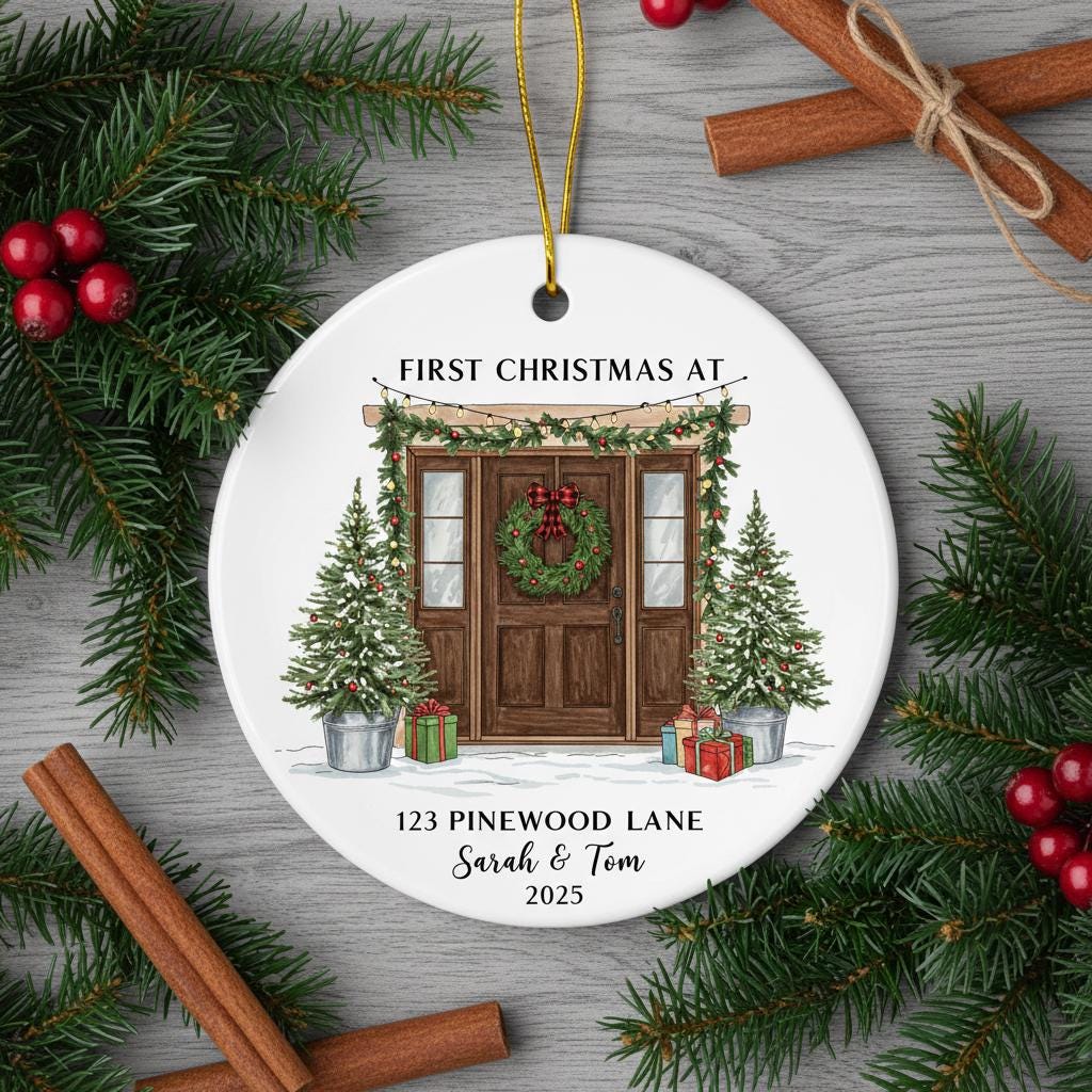 Personalized Christmas ornament with a house illustration and festive elements on a wooden surface.