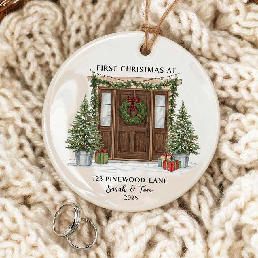 Personalized Christmas ornament with a house door and trees on a knitted surface