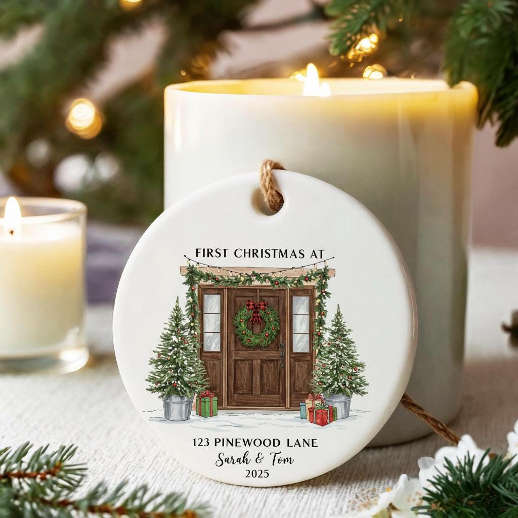Personalized Christmas ornament with a door and wreath design, placed in front of candles and Christmas trees.