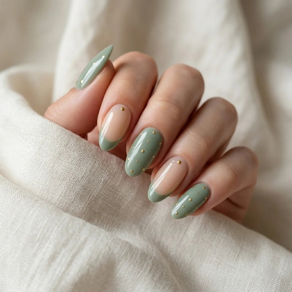 moss green french tip almond press on nails gold dot flat lay 01