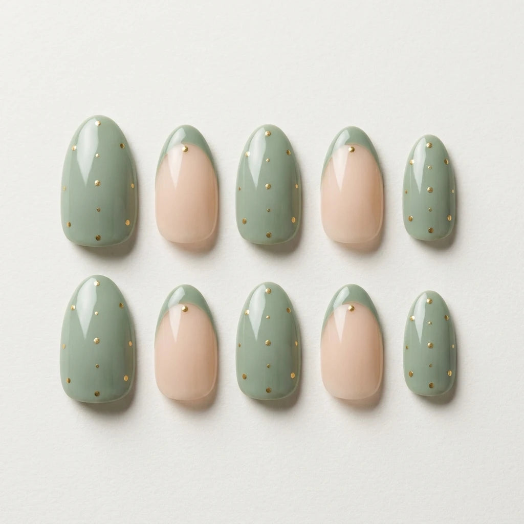 moss green french tip almond press on nails gold dot flat lay 03