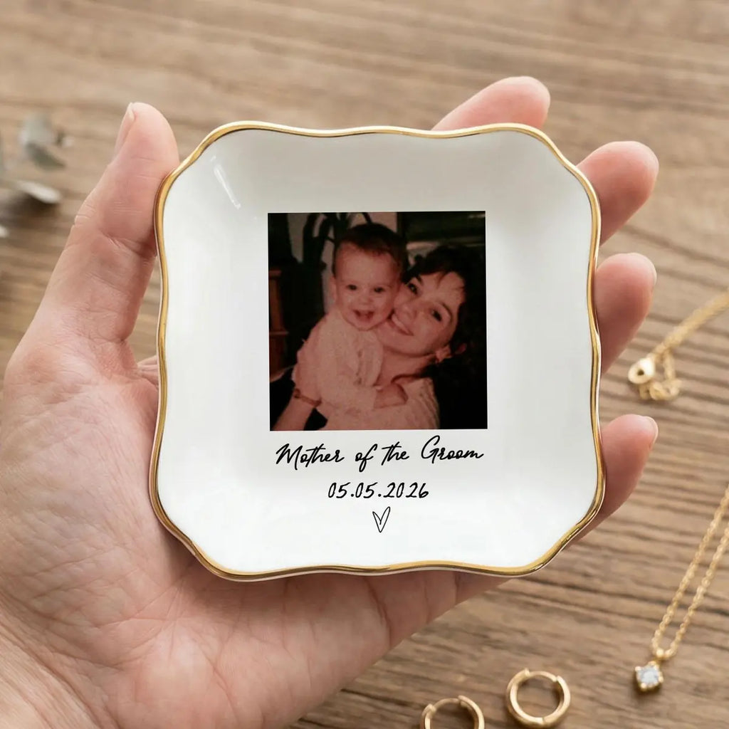 Personalized ceramic ring dish with custom photo and text for wedding, main front view