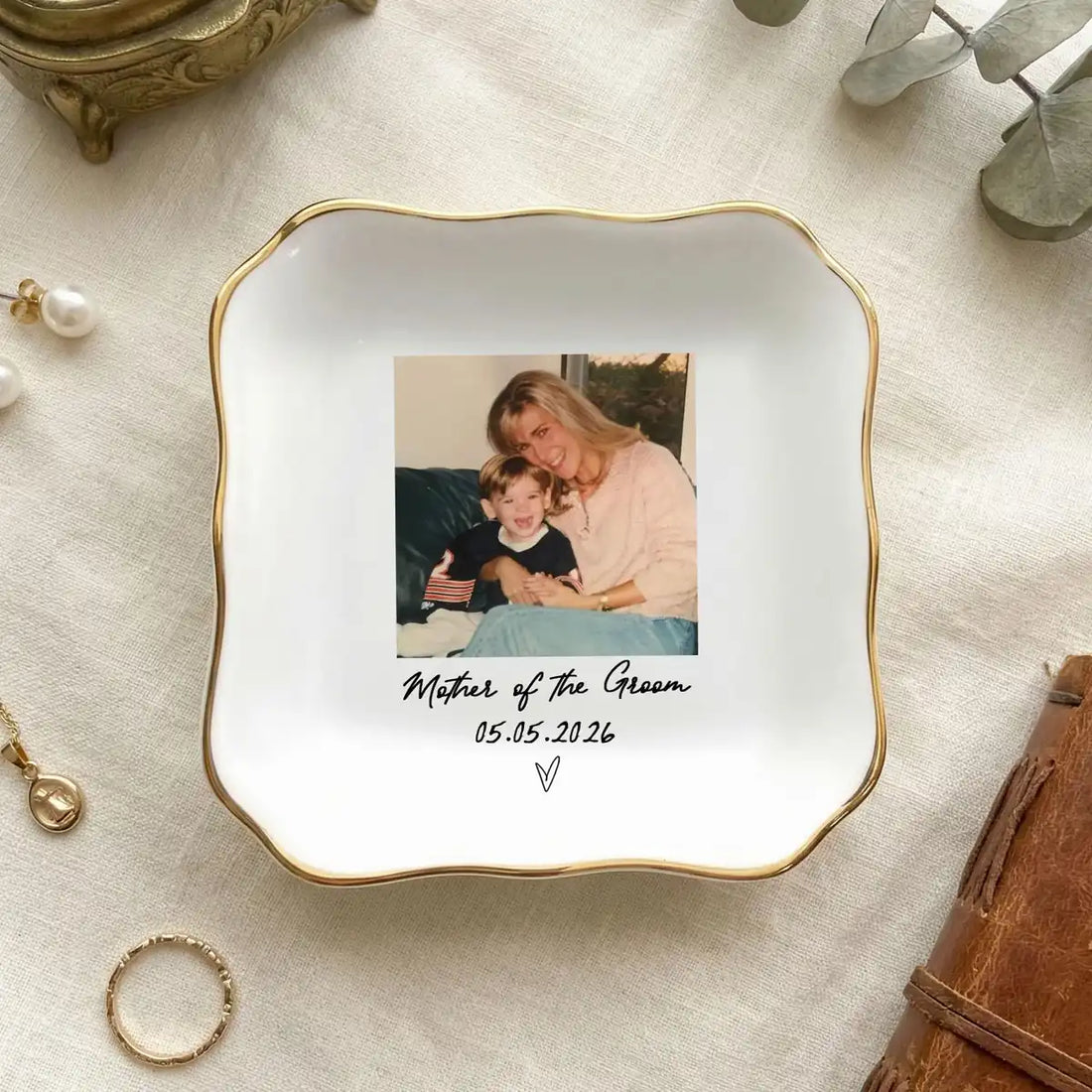 Custom photo wedding ring dish displayed elegantly on wooden bedroom nightstand