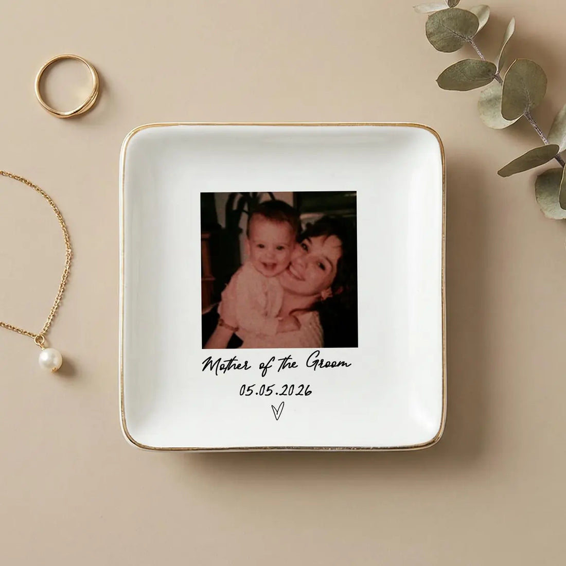 Custom photo wedding ring dish displayed elegantly on wooden bedroom nightstand