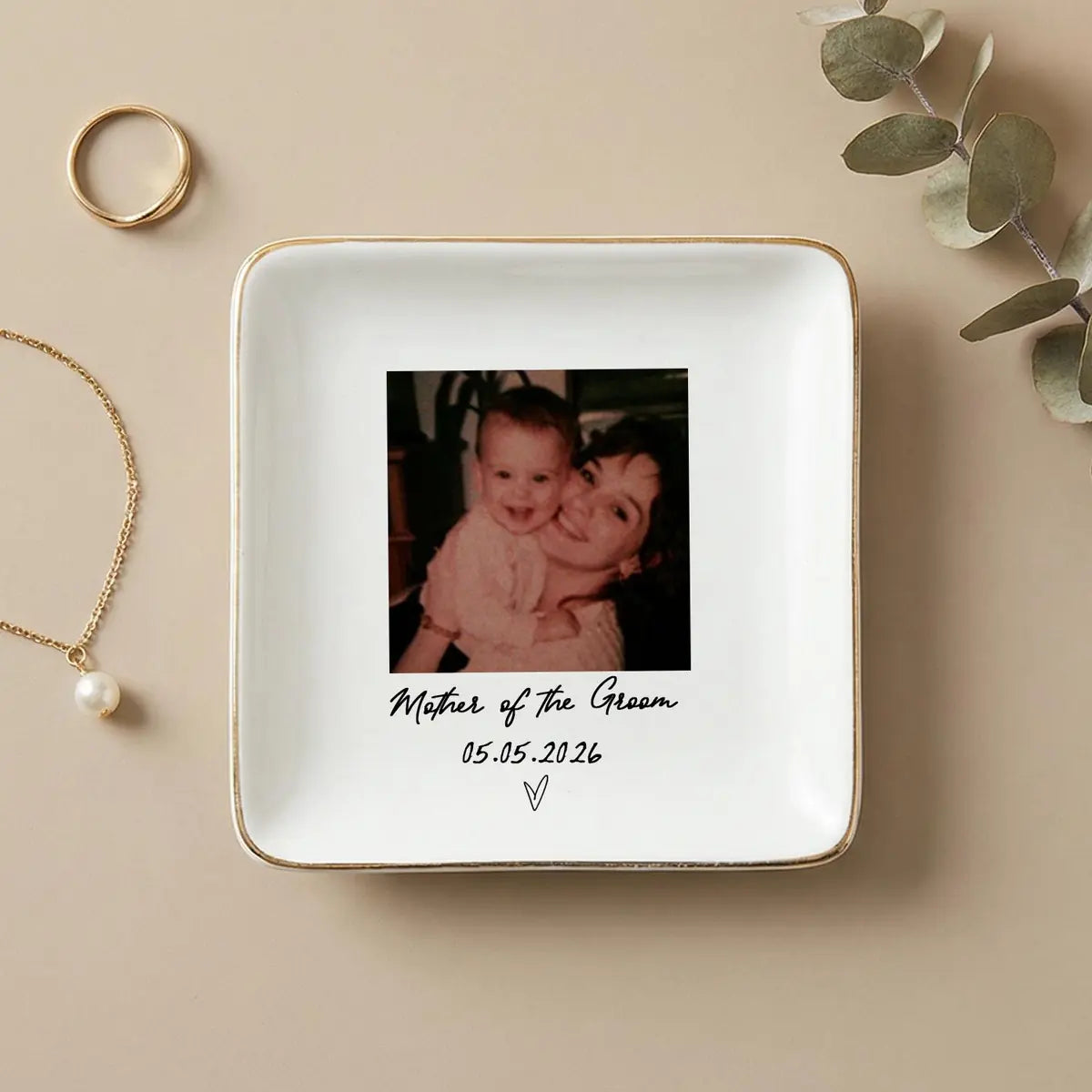 Custom photo wedding ring dish displayed elegantly on wooden bedroom nightstand