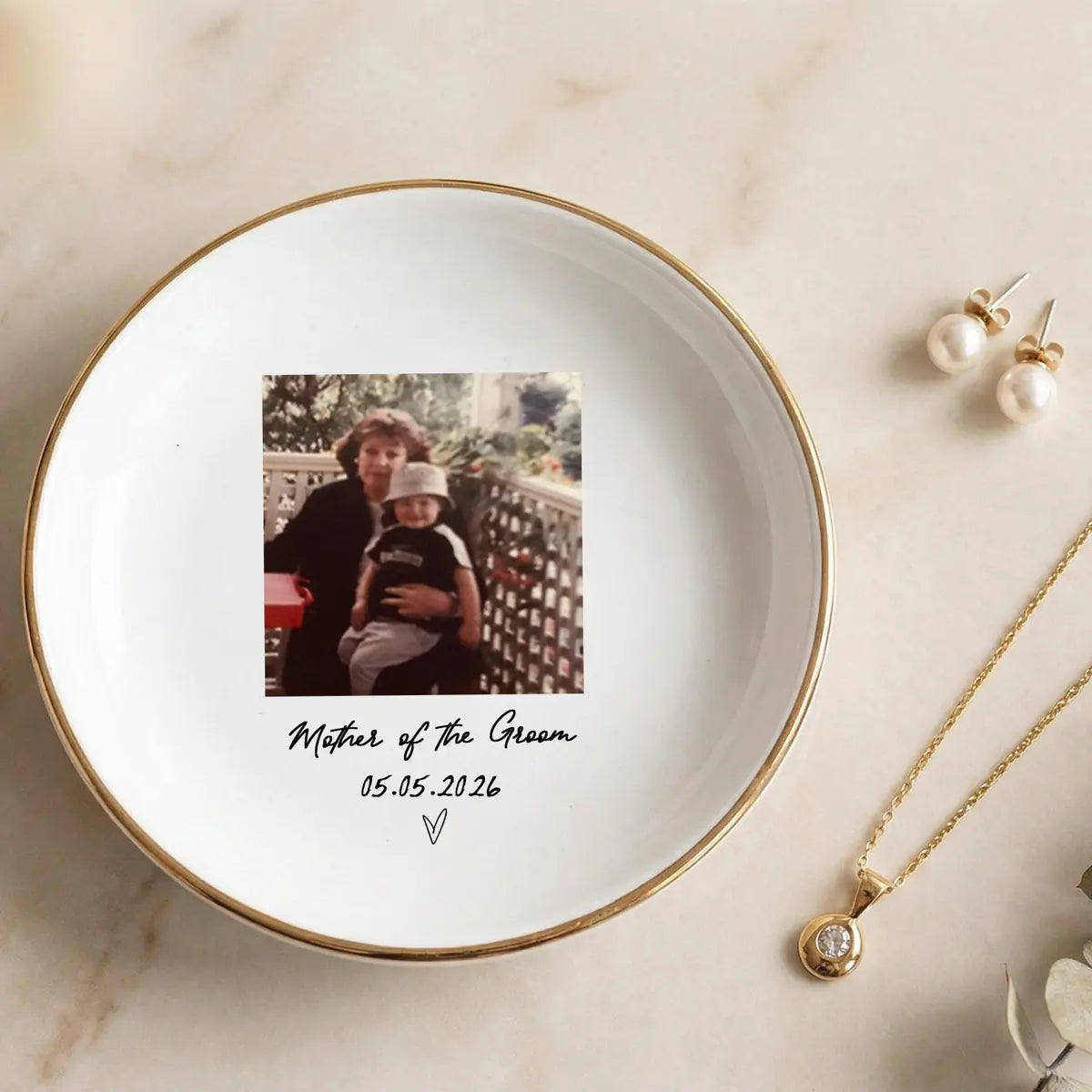 Custom photo wedding ring dish displayed elegantly on wooden bedroom nightstand