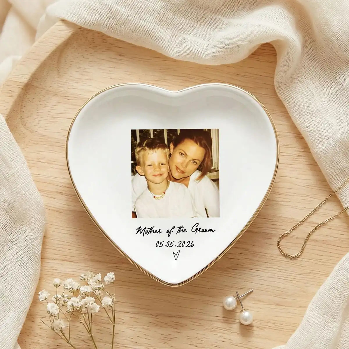 Custom photo wedding ring dish displayed elegantly on wooden bedroom nightstand