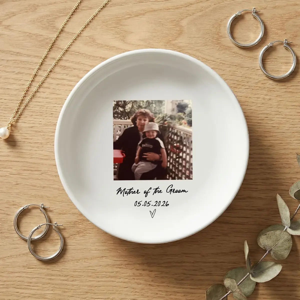 Custom photo wedding ring dish displayed elegantly on wooden bedroom nightstand